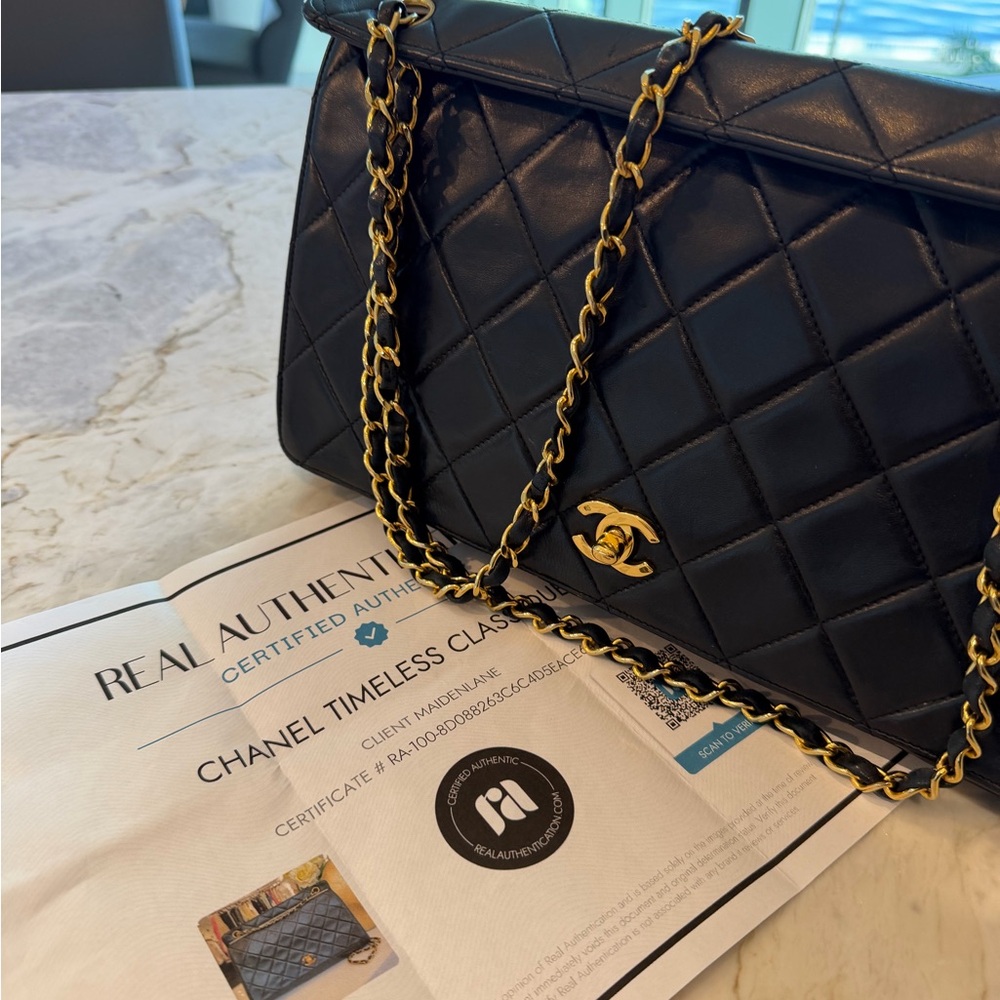 Chanel Quilted Lambskin Single Flap Shoulder Bag in Black with Gold Hardware - Picture 16 of 17
